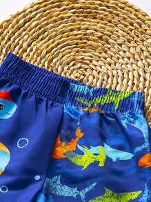 Baby Boy Cute Cartoon Dinosaur Print Elastic Waist Drawstring Swim Trunks, Suitable For Swimming, Camping, Outdoor And Water Sports,Baby Boys Beach Shorts - Blue - View 6