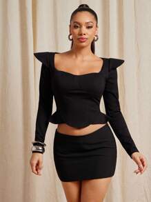 Vixey Puff Shoulder Asymmetrical Hem Long Sleeve Peplum Top, Business Casual Women, Office Outfits For Women, Work Clothes Women - Black - View 3