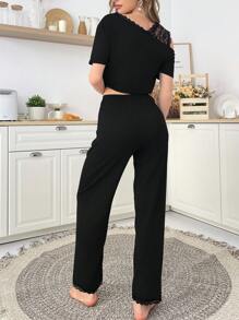 SHEIN Color Block Lace Stitching Oblique Shoulder Casual Short Sleeve Pants Sleepwear Suit - Black - View 2