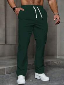 Manfinity Homme Men's Solid Color Drawstring Waist Pockets Straight Casual Loose Pants Men Pants Classic - Dark Green - View 1