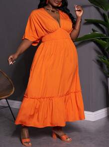 SHEIN CURVE+ Váy cam cỡ lớn cho nữ: Váy maxi bồng bềnh cổ chữ V và viền bèo nhún, hoàn hảo cho kỳ nghỉ Boho mùa hè - trái cam - Xem 3