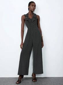 Lumivelle Women's Halter Backless V-Neck Jumpsuit - Black and White - View 6