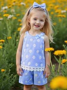 女婴雏菊印花格子 V 领无袖背心和短裤 2 件套，春夏