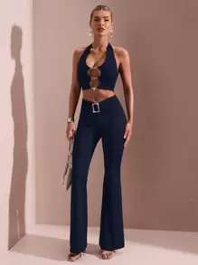 SHEIN BAE Ladies' Fashionable Pleated Elegant Square Rhinestone Solid Color Flare Pants - Navy Blue - View 3