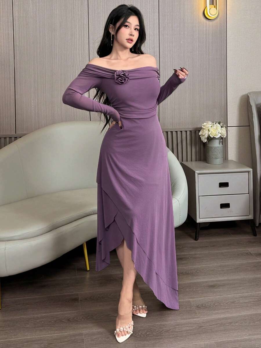 Modelyn Off Shoulder Long Sleeve Bodycon Asymmetrical Hem Mesh Overlay Elegant Dress - Purple - View 1