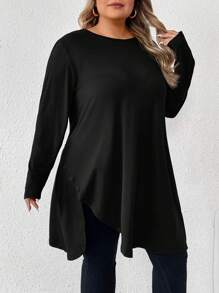 SHEIN CURVE+ 加大码红色不对称下摆长T恤，秋季，情人节