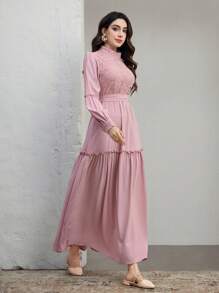 Women's Contrast Lace Long Sleeve Ruffle Hem Elegant Dress - Pink - View 6