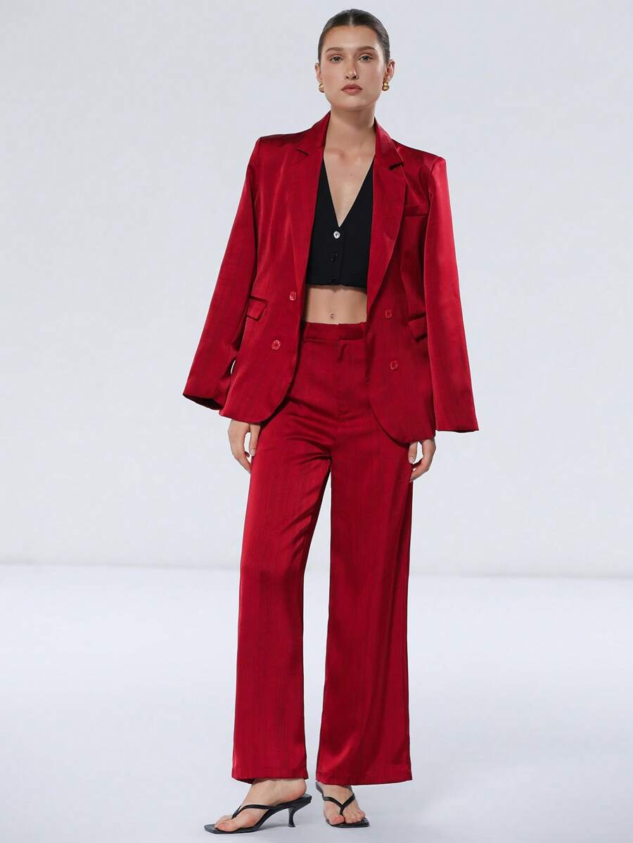 Aveloria Modichic Women's Solid Color Notched Collar Long Sleeve Jacket And Pants Suit Set Fall Cloth For Women - Red - View 1