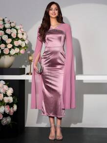 Modelyn Solid Color V-Neck Rhinestone Embellished Cape Sleeve Split High Waist Dress Fall Cloth For Women - Pink - View 4