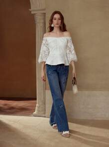 MOTF PREMIUM 露肩蕾丝衬衫 - 白色 - 查看 5