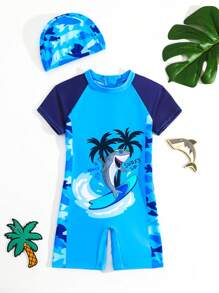 SHEIN Young Boy Cute Cartoon Shark Print Raglan Sleeve Swimsuit With Swim Cap