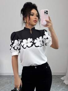 Selianne Elegant Casual Floral Print Stand Collar Short Sleeve Women Shirt, Spring/Summer - Black and White - View 1