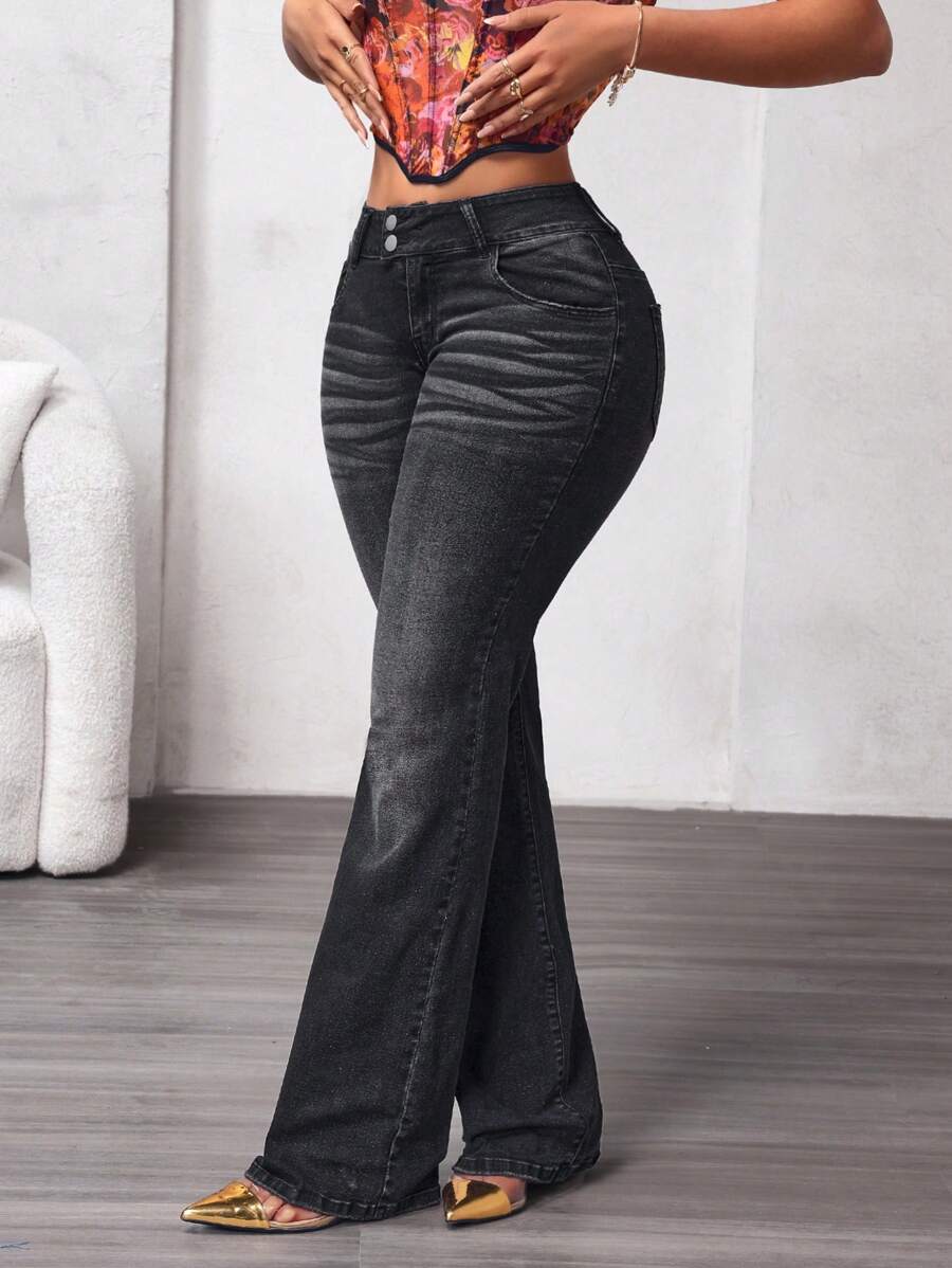 SHEIN SXY Jeans casuales versátiles con volantes y bolsillos para mujeres - Negro - Ver 1
