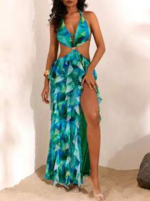 Opulessa 女式针织网眼印花细肩带开衩镂空连衣裙