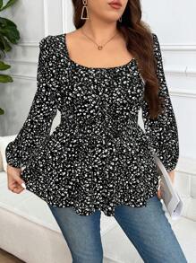 SHEIN Frenchy Plus Size Women's Ditsy Floral Apricot Color Blouse With Criss-Cross Back Design, Waisted A-Line Hem, Casual & Fashionable - Black - View 5