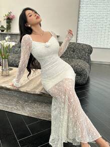 Modelyn Sukienka damska z długim rękawem i wzorem kwiatowym 3D z syrenką, elegancka - Biały - Zobacz 7