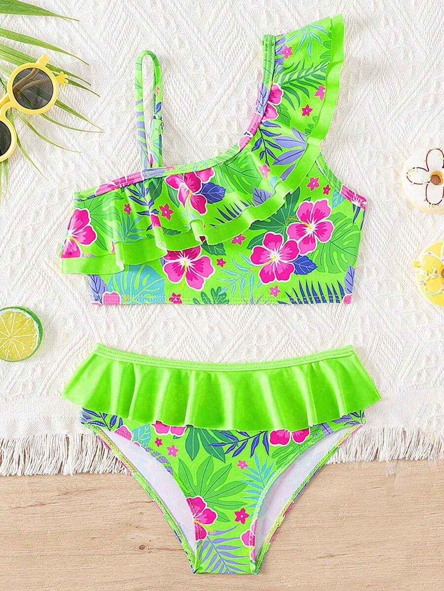 年轻女孩简约设计吊带背心比基尼套装 - 綠色 - 查看 1