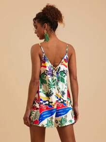 Travachic 热带彩色印花 V 领无袖宽松连体裤，适合海滩度假 - 彩色 - 查看 2