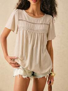 Poéselle 波西米亚风度假宽松衬衫，带蕾丝装饰，亚麻混纺乡村风格，夏季衬衫，短袖，舒适面料 - 杏色 - 查看 2