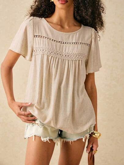 Poéselle 波西米亚风度假宽松衬衫，带蕾丝装饰，亚麻混纺乡村风格，夏季衬衫，短袖，舒适面料