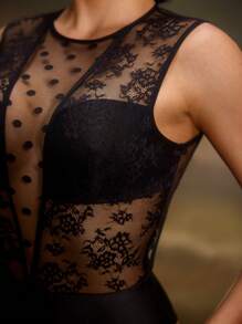 Bộ đồ liền thân ren chấm bi bóng loáng gợi cảm Retro Palace dành cho nữ - màu đen - Xem 6