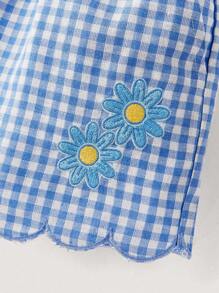 SHEIN 少女格纹蓝白雏菊刺绣短裤 - 彩色 - 查看 8