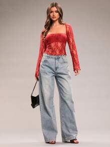 SHEIN BAE 女士勃艮第蕾丝透明简约派对上衣，适合约会之夜、女生聚会、生日派对、情人节、鸡尾酒会、夜总会、节庆活动 - 紅色 - 查看 3