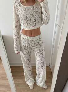SHEIN Essnce Women's White Sheer Lace Two-Piece Set: Cropped Y2K Top & High-Waisted Wide-Leg Pants | Festival Outfit, Coachella Essentials, Viral Summer 2024 Fashion Boho Casual Loungewear | Suitable For Music Festivals
