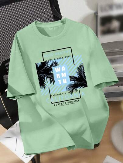 SHEIN Camiseta de manga corta con estampado de letras informal para adolescentes, adecuada para el verano