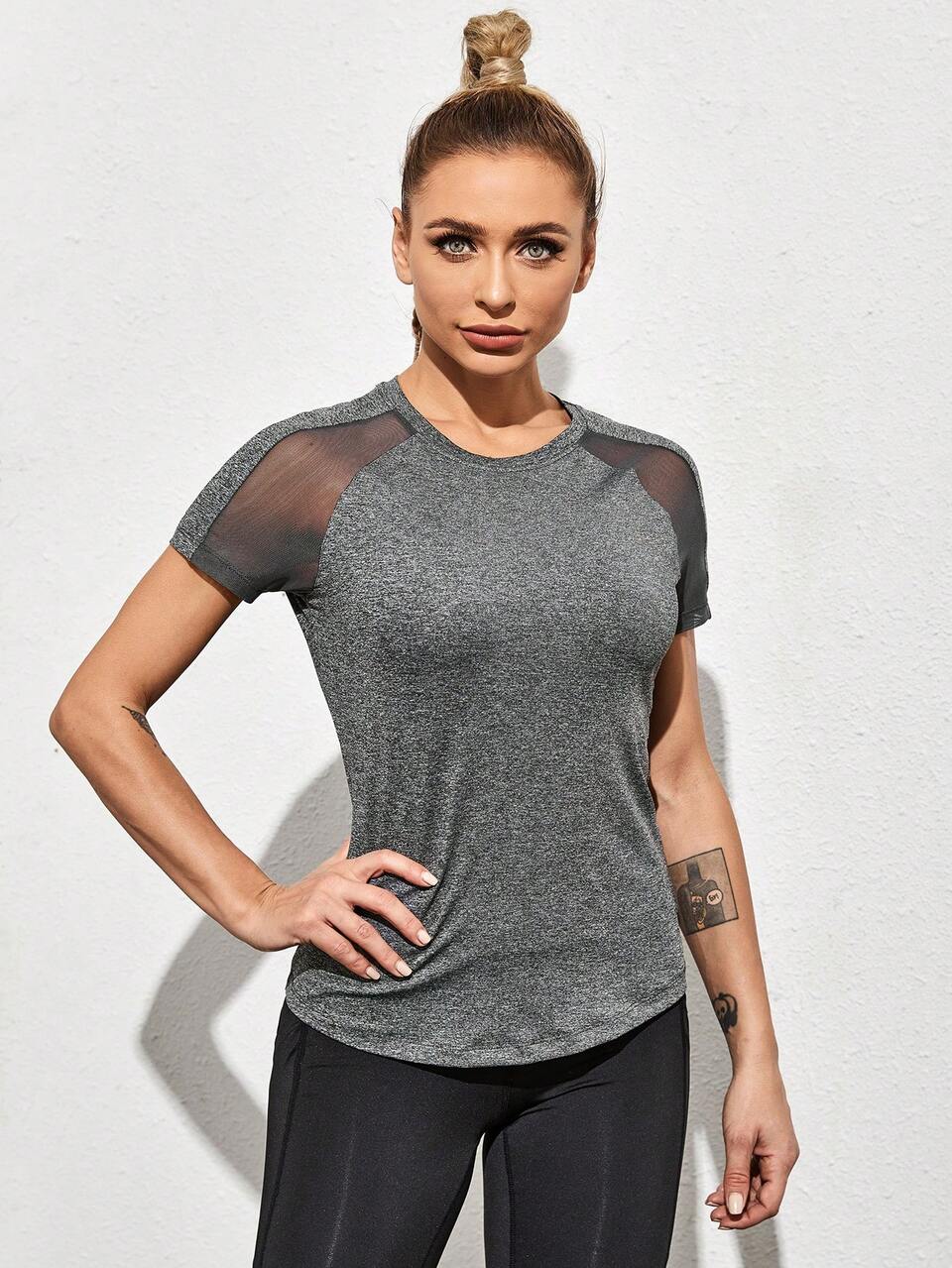 Mesh Panel Raglan Sleeve Sports Tee Gym Women Shirts