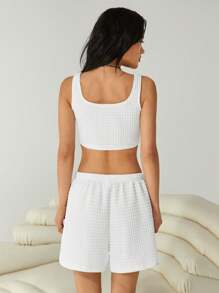 SHEIN EZwear Women Square Neck Textured Wide Strap Tank Top And Elastic Waist Shorts - White - View 6