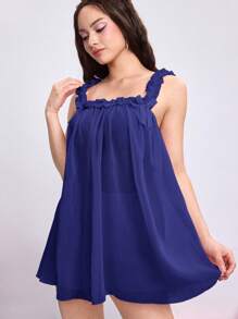 ROMWE Kawaii 女士可爱纯色娃娃装、宽松雪纺蝴蝶结装饰褶皱吊带连衣裙和内裤套装 - 藏蓝色 - 查看 4