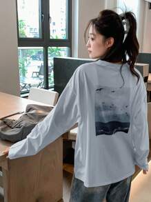 DAZY Women's Long Sleeve Drop Shoulder T-Shirt With Slogan Print - Blue - View 3