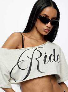 SUMWON WOMEN Off Shoulder Rider Crop Tee Urban Street Style Fashion Asymmetric Graphic Text Top Summer Festival Casual Wear - Light Grey - View 5