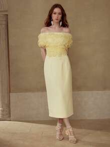 MOTF PREMIUM 3D 花卉露肩中长连衣裙 - 黃色 - 查看 5