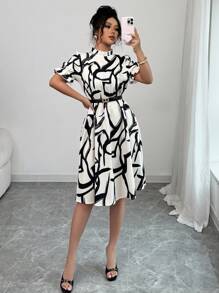 Elenzga 春夏新款优雅休闲收腰花卉印花荷叶边领泡泡袖 A 字型中长连衣裙 - 彩色 - 查看 7