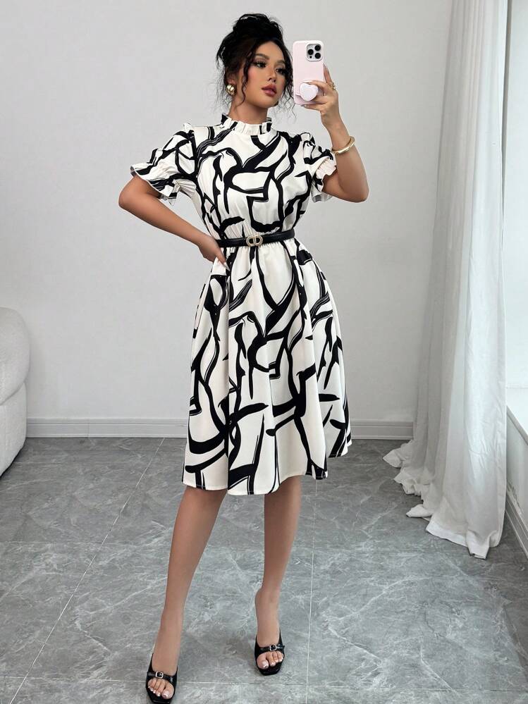 Elenzga 春夏新款优雅休闲收腰花卉印花荷叶边领泡泡袖 A 字型中长连衣裙 - 彩色 - 查看 7