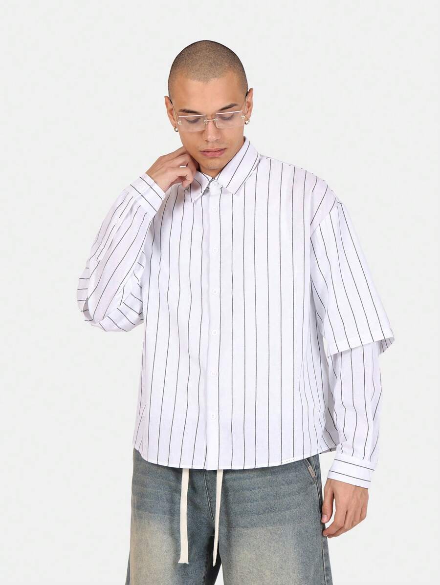 SUMWON Chemise boutonnée surdimensionnée en coton mélangé à rayures verticales, style classique décontracté de bureau, porter au printemps et à l'été, col classique, manches longues - Blanc - Voir 1