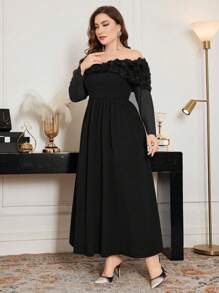 Modelyn Plus Size Women 3D Rose Flower Splice Off Shoulder Long Sleeve Dress, Cinched Waist Design, Elegant And Slimming