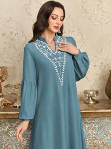 Al Najma Women's Loose Floral Embroidered V-Neck With Stand Collar Dress, Fashion And Elegant Arabic-Style,Modest - Blue - View 7