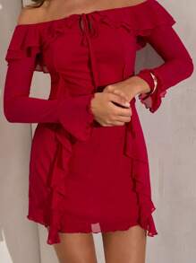 SHEIN BAE Robe mini femme d'été rouge unicolore à épaules dénudées, avec volants et manches évasées. Sexy tenue de soirée adaptée pour la Saint-Valentin, les rendez-vous, les sorties, les occasions décontractées, les déplacements, les fêtes et la rentrée scolaire