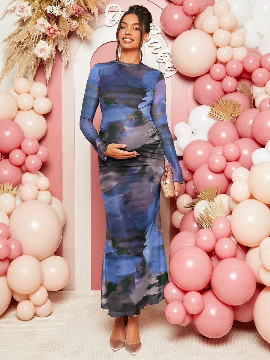 Loomaby Maternity Elegant Tie Dye Long Sleeve Fish Tail Hem Dress - Blue - View 1