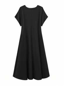 SHEIN LUNE 女士优雅夏季黑色连衣裙，宽松针织连衣裙，V 领，侧褶和喇叭下摆，加大码 - 黑色 - 查看 3