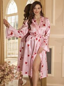 Women's Heart Print V-Neck Flared Sleeve Robe With Belt - Multicolor - View 4
