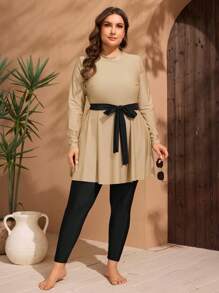 Swim Mulvari Plus Size Women 2 Pieces Set Solid Color Modest Mid-Length Belted Long Sleeve Top And Pants, Retro Style Modest Burkini Swimwear Set Clothing Burkinis - Multicolor - View 1