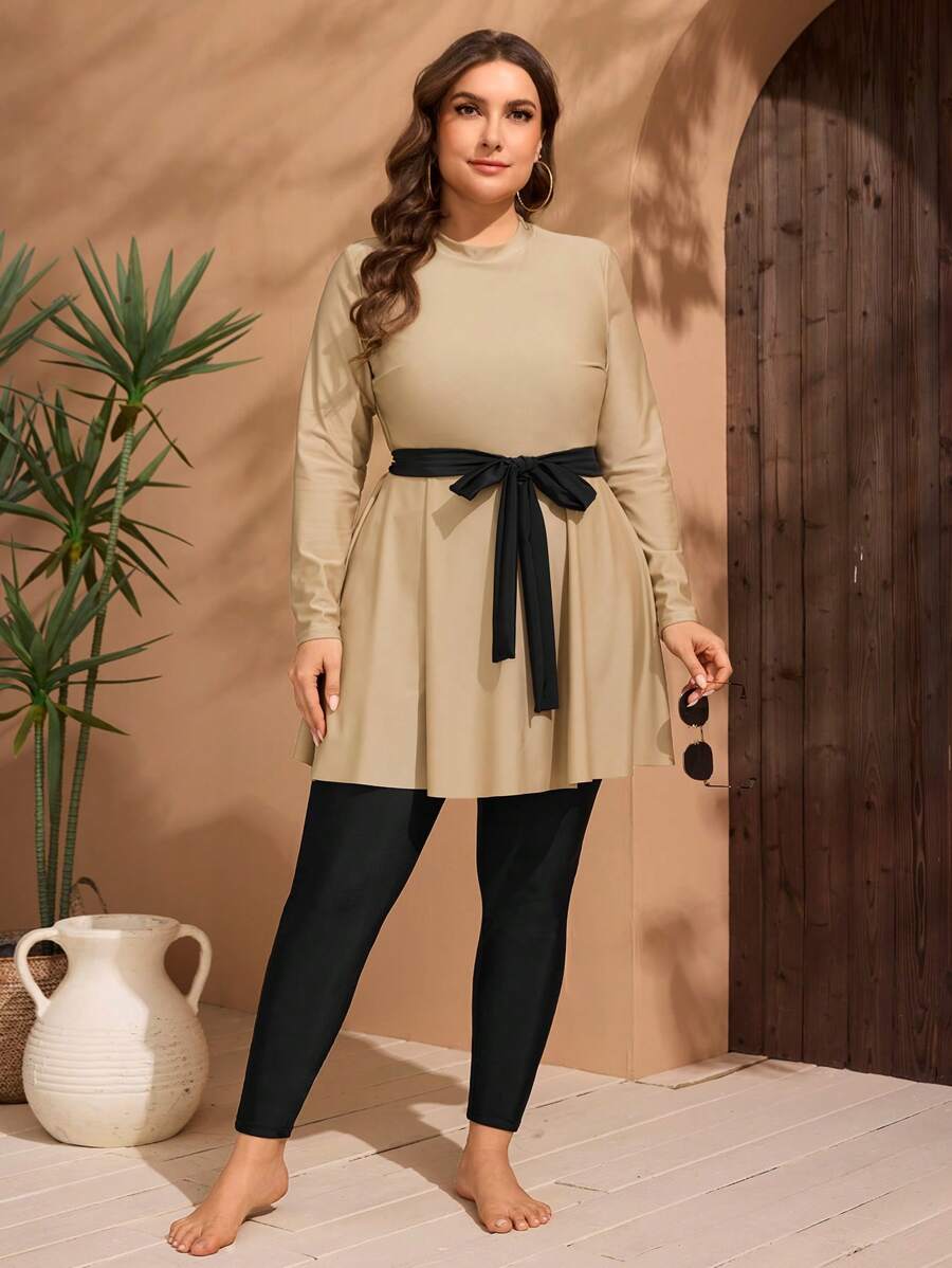 Swim Mulvari Plus Size Women 2 Pieces Set Solid Color Modest Mid-Length Belted Long Sleeve Top And Pants, Retro Style Modest Burkini Swimwear Set Clothing Burkinis - Multicolor - View 1