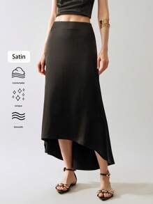 SHEIN LUNE 时尚女式高低侧拉链修身优雅半身裙 - 黑色 - 查看 3