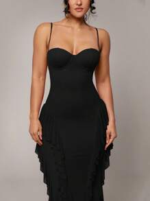 Silquee Váy xòe không tay màu đỏ viền bèo nhún kim loại điểm nhấn hoa gợi cảm thanh lịch, thích hợp cho tiệc cocktail, hẹn hò lãng mạn, váy đan lưới, tiệc tùng, tụ họp trang trọng, phù dâu, đi chơi đêm, Halloween, Giáng sinh, váy dài thêm váy dạ hội cho nữ váy thanh lịch cho nữ váy dự tiệc cho nữ váy trang trọng cho nữ váy dạ hội thanh lịch cho nữ váy trang trọng cho nữ - màu đen - Xem 4