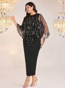 Modelyn Plus Size Elegant Party Sequined Mesh Top & Sleeveless Dress 2pcs Set