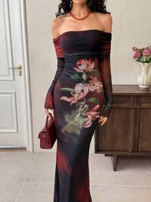 EastFlair 中国风扎染印花露肩复古连衣裙，适合女性，休闲短裙，夏季女装，生日女装，优雅礼服 - 紅色和黑色 - 查看 3